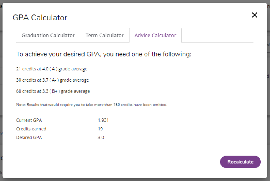 screen shot of the advice GPA calculator
