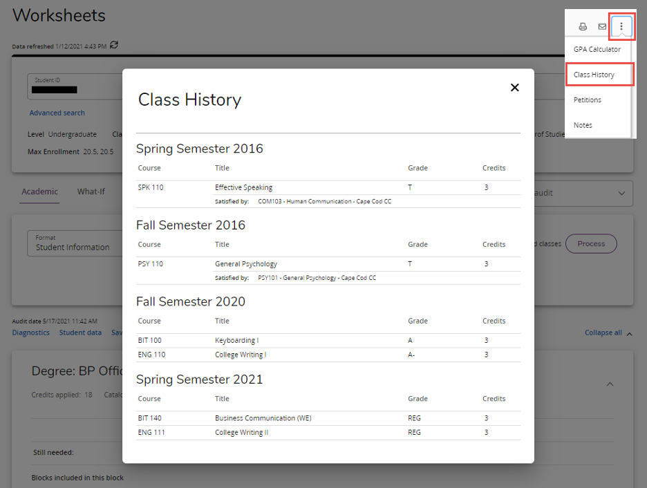 screen shot of the class history page