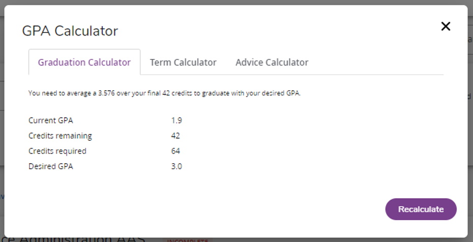 Screen shot of the GPA calculator