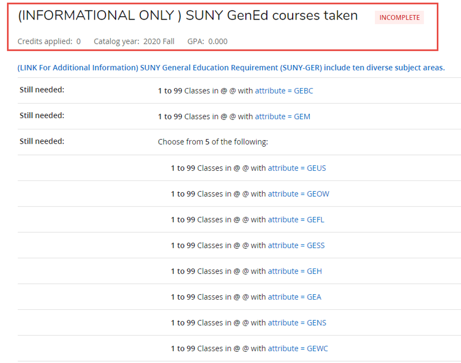 Screen shot of SUNY General Education area