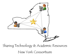 Image depicts the outline of New York State with small clipart images of students working on computers in three separate regions of the state. The students are connected by dotted lines to each other and to a star in the center of the state. A caption appears below the image that reads: Sharing Technology & Academic Resources. New York Consortium.