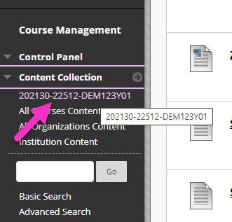 Arrow pointing to course id on the content collection menu