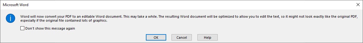 PDF to Word conversion message