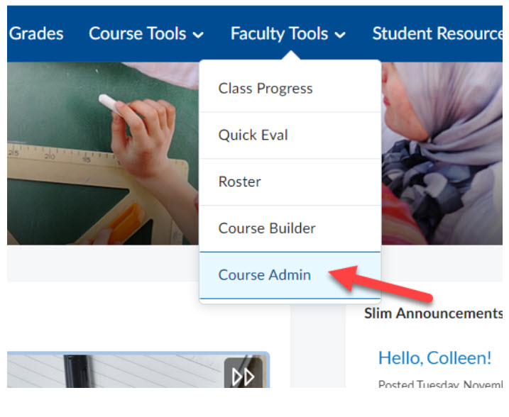arrow pointing to course admin link