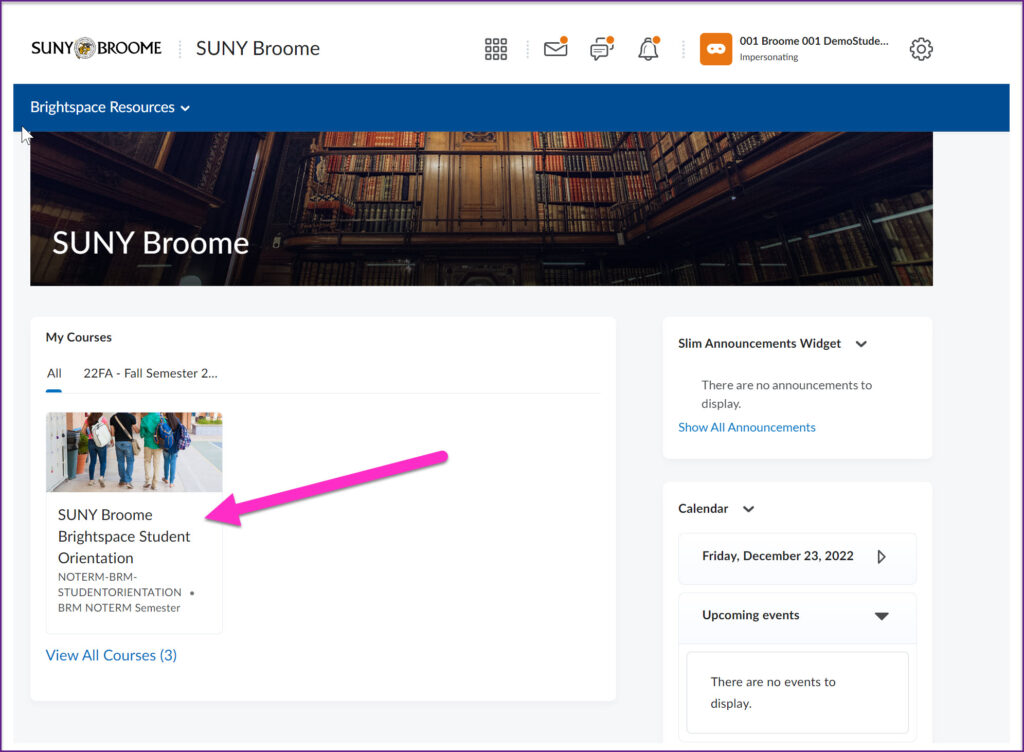 Arrow pointing to the SUNY Broome Brightspace Student Orientation on the Brightspace Homepage