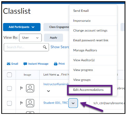 Arrow pointing to the "Edit Accommodations" option on the shortcut menu for a student.