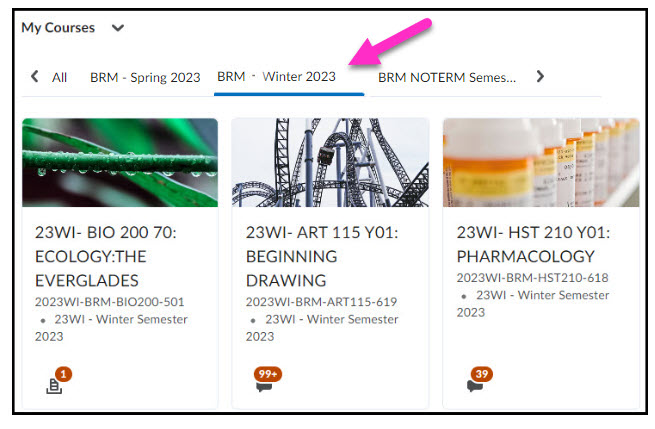 Arrow pointing to a semester tab at the top of the MyCourses widget in Brightspace