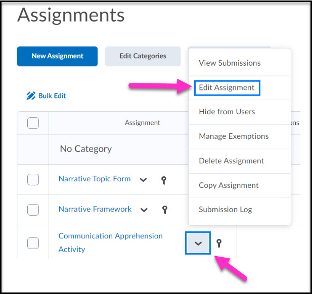 Arrow pointing to the Edit Assignment option from the shortcut menu
