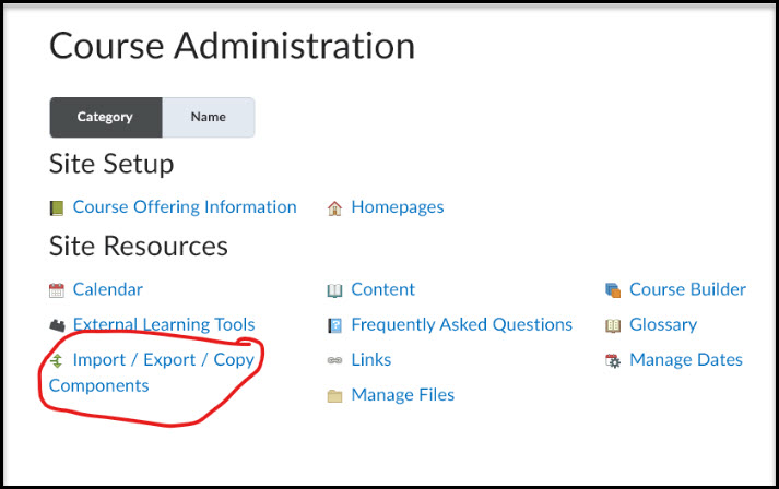 Import/Export/Copy Components link on Course Administration page