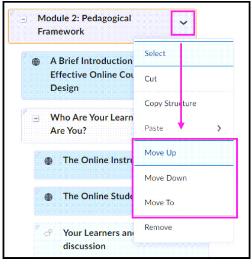 Dropdown arrow next to a module name with shortcut menu demonstrating options for Moving Up, Moving Down, or Move To