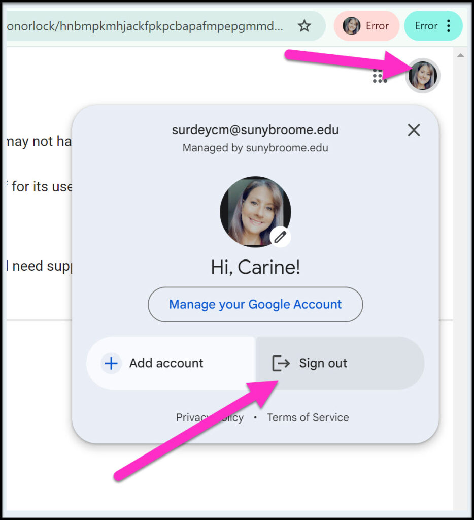 Arrows pointing to the Google profile picture and the option to Sign out.